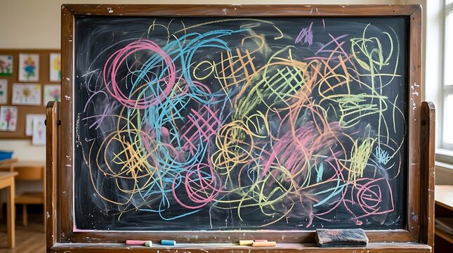 Colorful chalk scribbles cover a classroom blackboard, creating a vibrant abstract background.