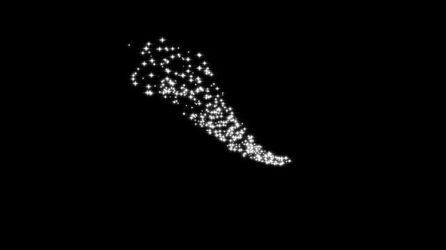 Looping video white stars glow particles on black background.  white twinkling stars line effect, fairy dust wand glitter stars trail transition on black screen.4k