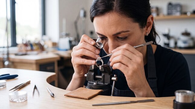 A jeweler carefully inspects a ring using a magnifying loupe.