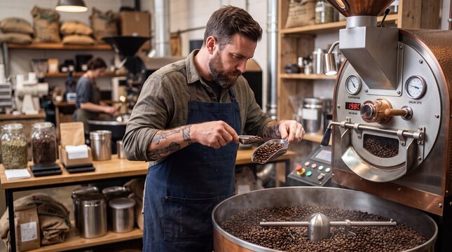 A man carefully inspects roasted coffee beans at a professional roastery.