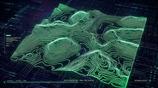 Digital 3D topography map with green glowing contour lines on dark background