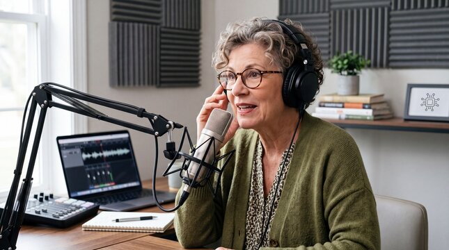 A senior woman records a podcast in her home studio.