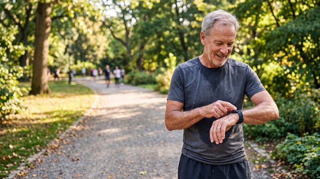 A smiling senior man checks his smartwatch while walking in a park.