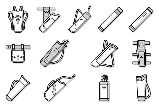 Archery Quivers and Arrow Bag Equipment Set Vector Illustration - Back Quiver Belt Bag Leather Tube Bow Case Archery Gear Icons