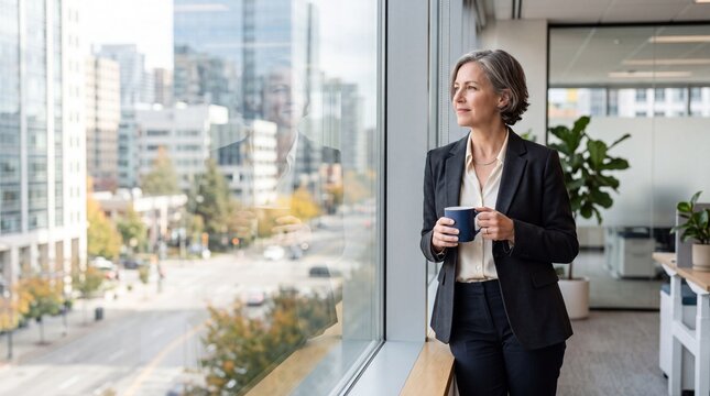 A professional woman gazes out of her office window while holding coffee.