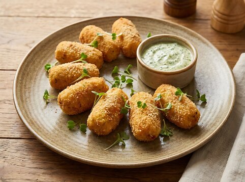 Crispy potato croquettes served with a fresh green herb dip on a round plate for a tasty snack. appetizer ideas 