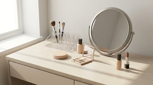 Round makeup mirror and cosmetic brushes with lipstick tubes on a vanity table by a window. beginner makeup guide