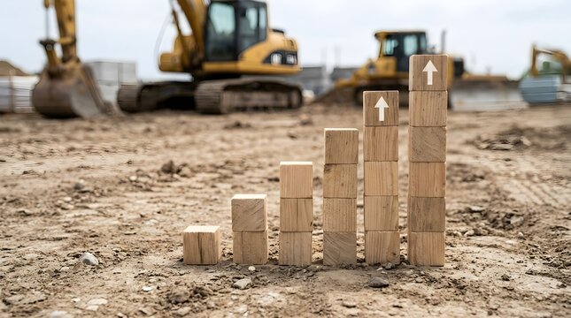 Wooden blocks arranged in a growing bar graph on dirt ground at a construction