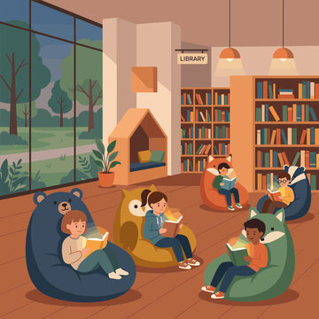 Children reading books in cozy library bean bag chairs.