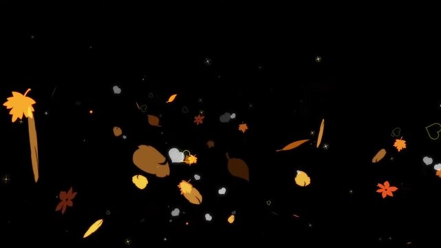 Falling autumn leaves and floating hearts animation on black background