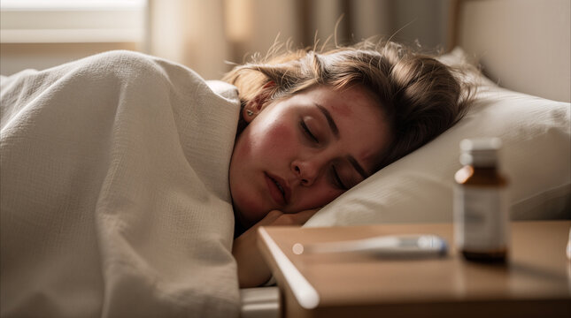 Sick young woman sleeping in bed with medicine bottle and thermometer on nightstand. Healthcare and recovery at home during flu season.