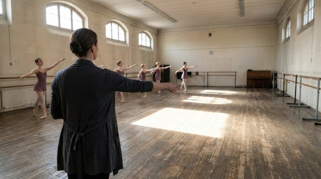 Ballet rehearsal with instructor in a sunlit dance studio