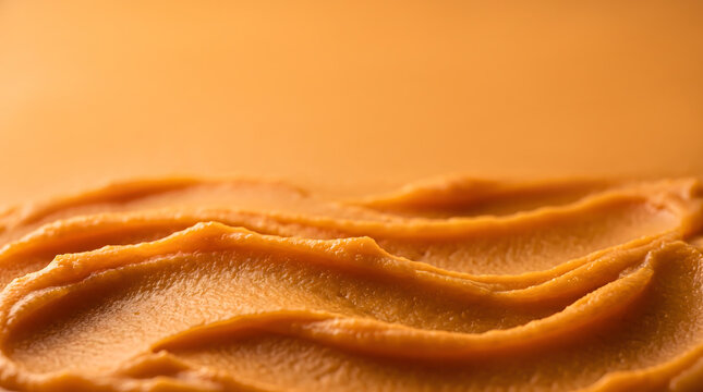 Close up of smooth pureed orange pumpkin spread in wavy strokes with soft lighting and wide empty space for text top view macro
