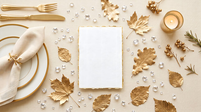 Elegant Thanksgiving flat lay template featuring a blank white card surrounded by golden autumn leaves sparkling diamonds gold cutlery plate and lit candle on beige background top view