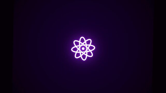 Animated atom model with glowing purple nucleus and orbiting electrons on dark background