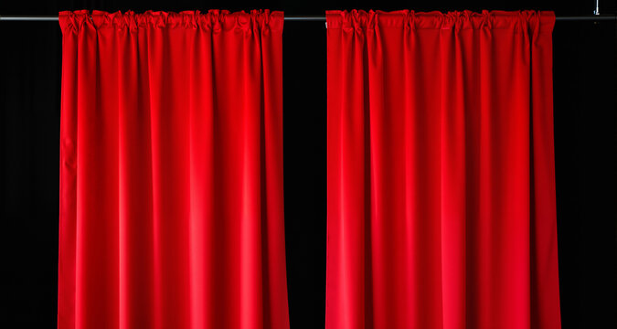 A vibrant red curtain hanging in front of a dark black background
