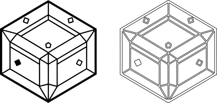 Isometric box template with geometric diamond and pentagon accents, shown in bold black outline and thin line styles