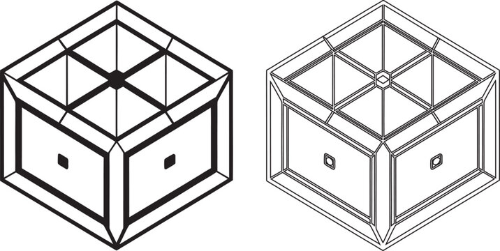 Isometric cube box template with internal grid sections, displayed as a bold black outline and a thin line