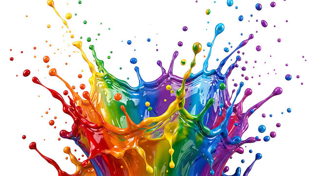 Colorful Paint Splashes on White Background, Vibrant Watercolor and Ink Splatter Elements, Abstract Rainbow Liquid Texture for Artistic Design and Decoration