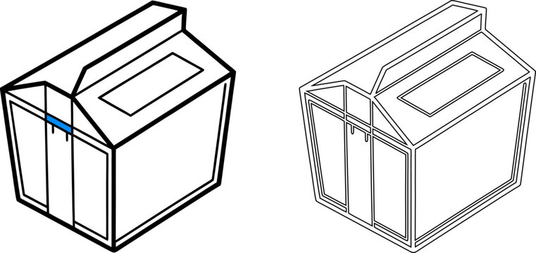 Isometric house shaped box template with roof and side panels, shown in bold black outline and thin line