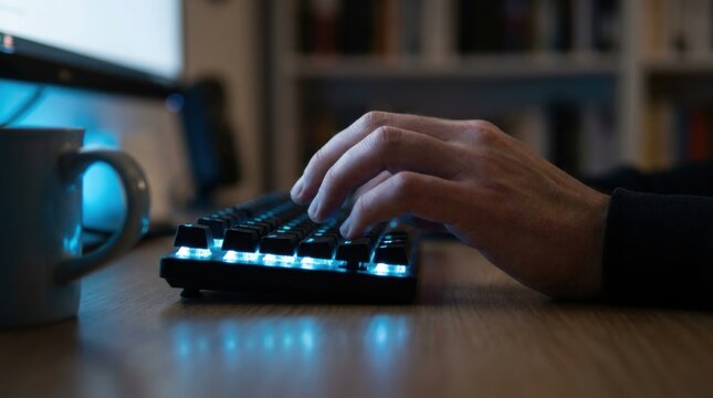 Hands Typing on Backlit Mechanical Keyboard on Office Desk at Night