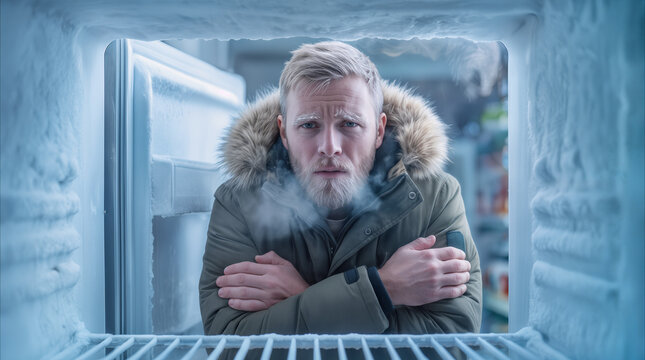 Freezing man wearing winter parka looking inside empty refrigerator. Cold temperature and hunger concept.