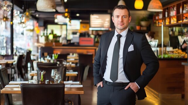 establishment. Small business owners in professional attire within a naturally lit restaurant setting. pitch deck slides.