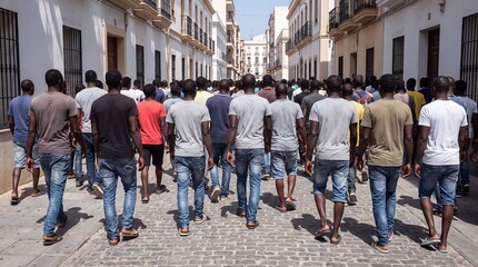 Obraz premium Group of migrants walking together through European residential street during migration crisis showing movement displacement border journey refugee experience humanitarian challenge asylum seeking com