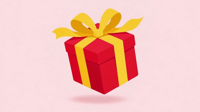 Red cartoon gift box with yellow ribbon floating on pink background vector animation
