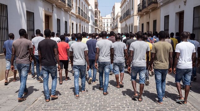Group of migrants walking together through European residential street during migration crisis showing movement displacement border journey refugee experience humanitarian challenge asylum seeking com