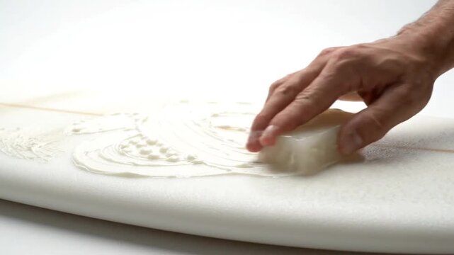 Applying wax to a surfboard with a hand held block