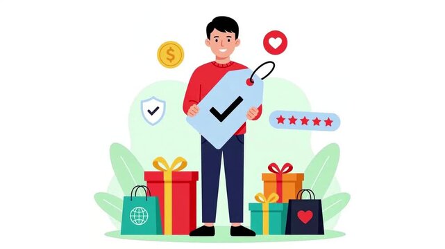 Flat vector animation of young man holding checkmark tag surrounded by colorful gift boxes and shopping bags
