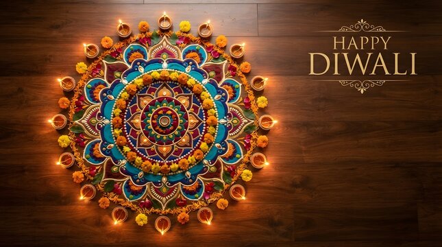 Beautiful diwali greeting card design with a colorful mandala pattern and glowing oil lamps on wooden background