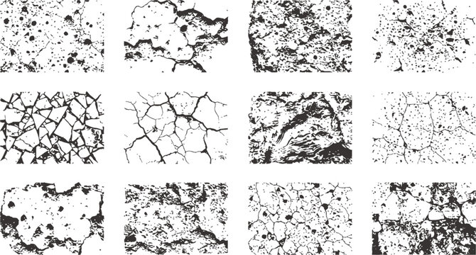 Collection of 12 cracked and textured grunge patterns, presented in a grid format, suitable for graphic design and abstract backgrounds.