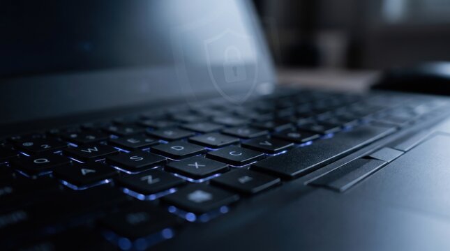 Low Angle Close Up of Laptop Keyboard with Blue Backlit Keys