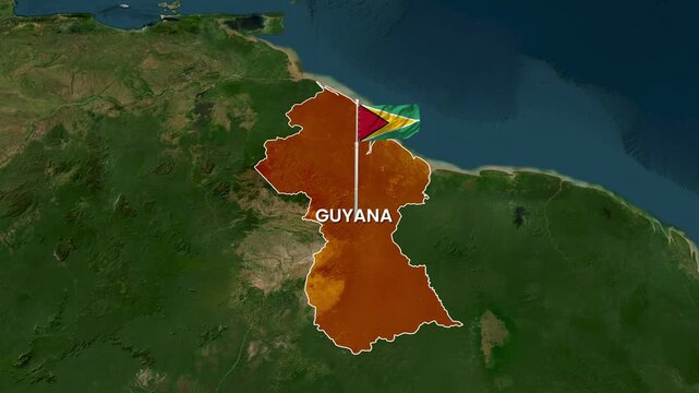 Guyana map with waving national flag animation for motion footage