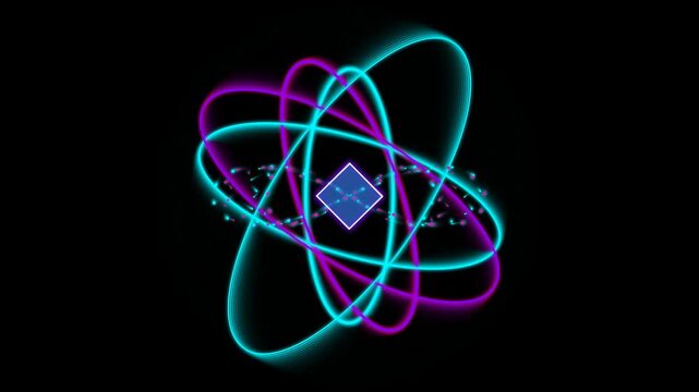 Futuristic neon quantum atom animation with glowing blue core and rotating cyan and purple orbits