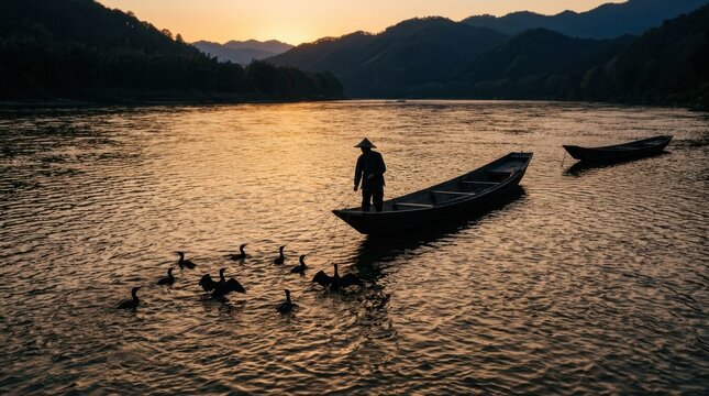 Sunset fishing silhouette on a tranquil mountain lake with boats and birds