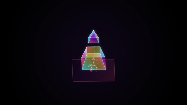 Glowing neon 3D geometric pyramid rotating with floating particles on a dark background loop