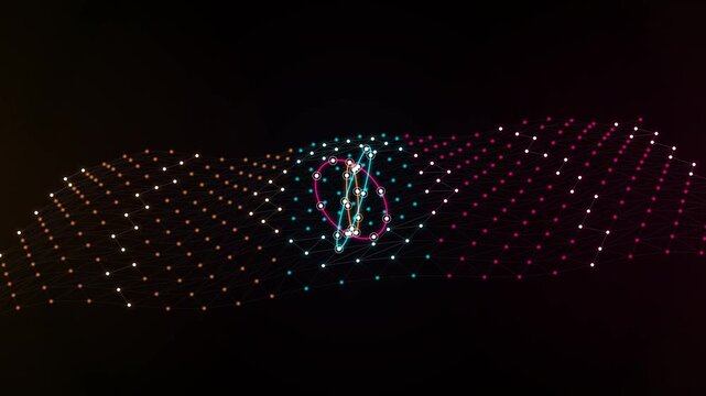 Glowing neon atom model spinning in a waving digital plexus grid of particles on black background