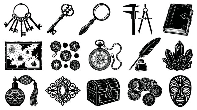 Vintage Travel  Exploration Icons: Map, Keys, Compass, Magnifying Glass, Book, Mask