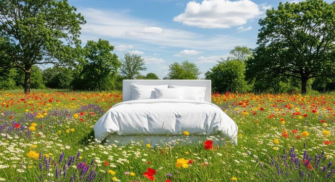 A comfortable white bed stands alone in a lush green meadow under a bright blue sky, surrounded by vibrant wildflowers and tall trees, horizon, white, pillows