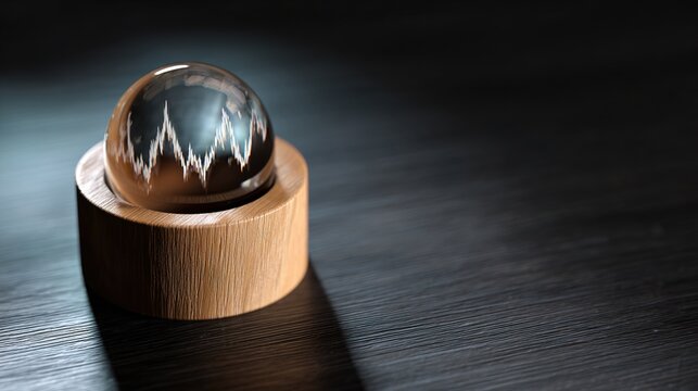 paperweight. Wooden desk with abstract financial visuals, featuring a glass paperweight refracting light. pitch deck slides.