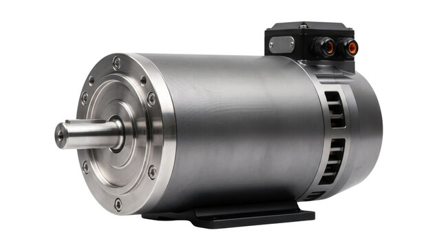 Industrial electric motor, brushed metal AC induction engine, powerful silver rotary machine for manufacturing and automation