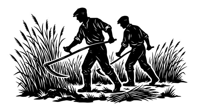Two workers harvesting crops with scythes in tall grass field