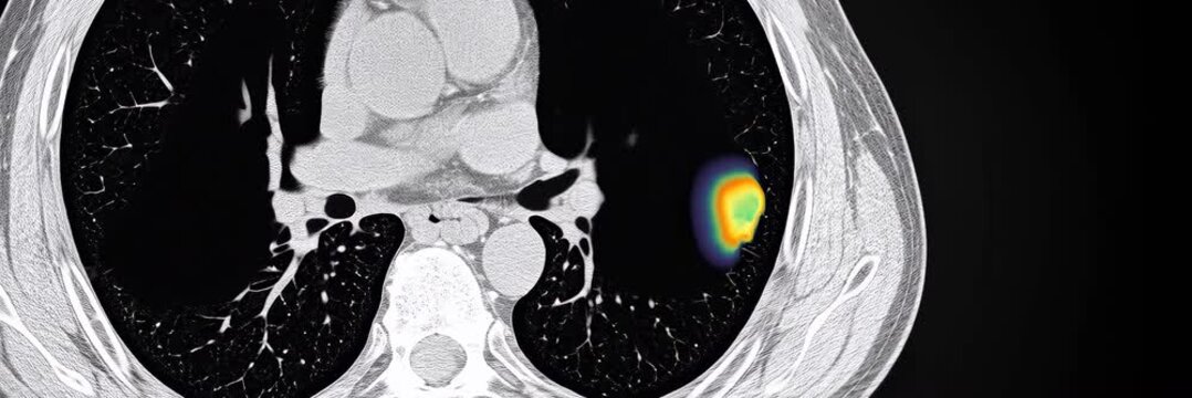 CT chest scan highlights small pulmonary lesion, lung cancer detection concept with copy space website banner
