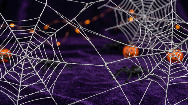 Tangled Black Cobweb Decoration Macro on Purple. Detailed macro photograph of synthetic stretchy cobweb fibers creating intricate patterns against deep purple halloween background