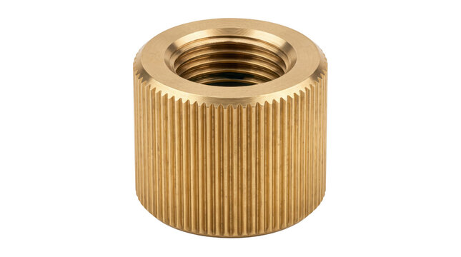 Brass knurled nut with internal thread, industrial metal fastener component, gold colored hardware for mechanical engineering