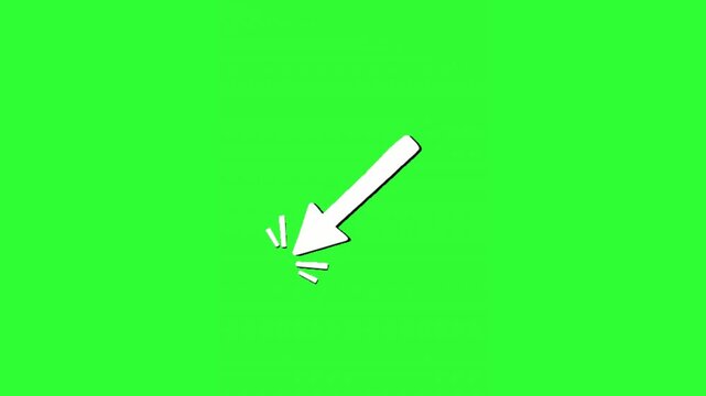 White diagonal arrow animation pointing toward the lower left corner on a bright green screen background, ideal for directing attention, navigation, callouts, tutorials, presentations, social media co