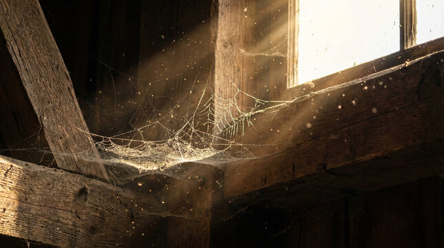 Delicate Cobweb Corner with Dust Particles Light Rays. Atmospheric macro capture of natural cobweb in corner with visible dust motes floating in dramatic sunbeam light rays